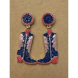 Cowgirl Boot Earrings Patriotic Red White Blue Pink Sparkle Dangle Western